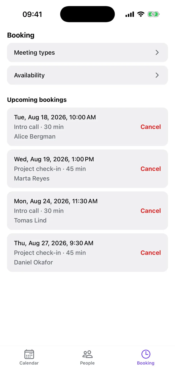 Bookings on iPhone: the Booking tab, with meeting types, availability, and the list of upcoming bookings taken from the public booking page.