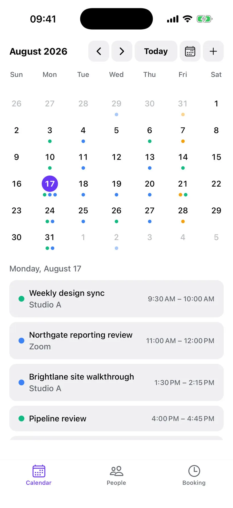 Bookings on iPhone: the month calendar for August 2026 with per-calendar event dots, and the agenda for Monday 17 August below it.