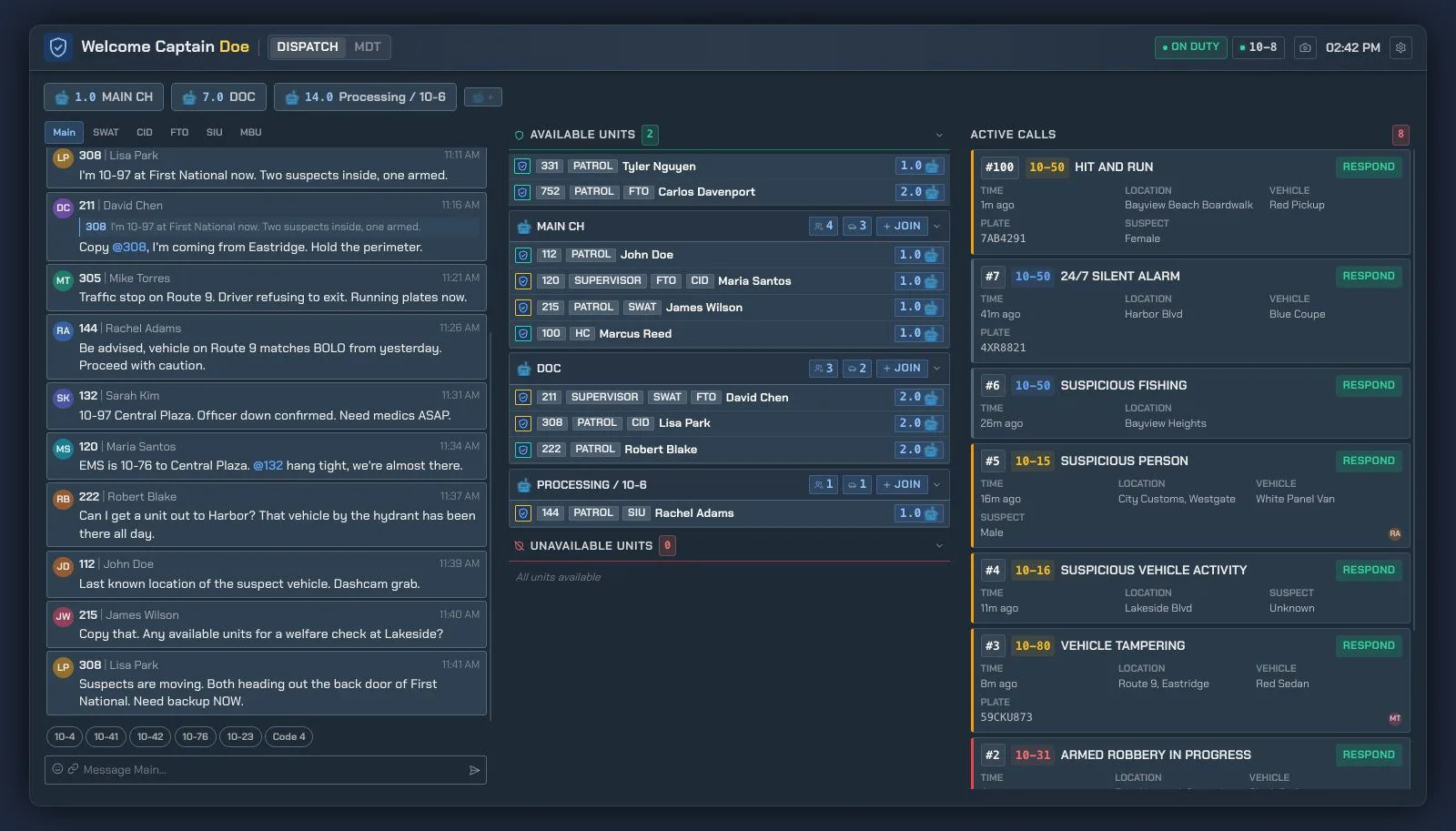 The dispatch board: radio channels and message log on the left, available units grouped by channel in the centre, and a prioritised active‑call queue on the right.