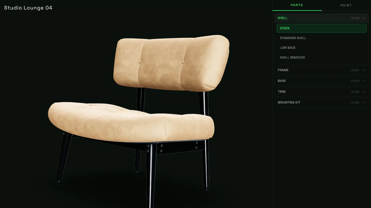 The 3D configurator: a product turned on a lit studio stage, with a parts panel beside it listing each component group and the options fitted to it.