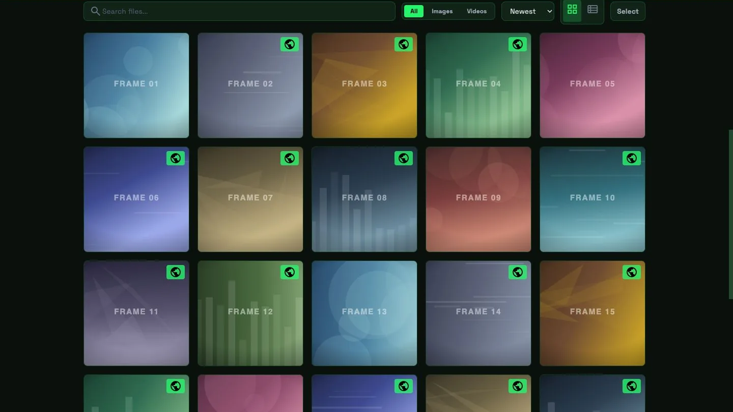 A customer&rsquo;s media library: a search and filter bar above a grid of uploaded files, each thumbnail badged with whether it is public or private.