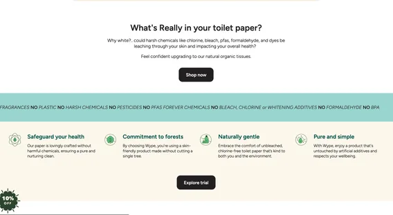 The previous site answered the same questions in a separate content block headed &lsquo;What&rsquo;s Really in your toilet paper?&rsquo;, sitting on the home page rather than in the buy path.