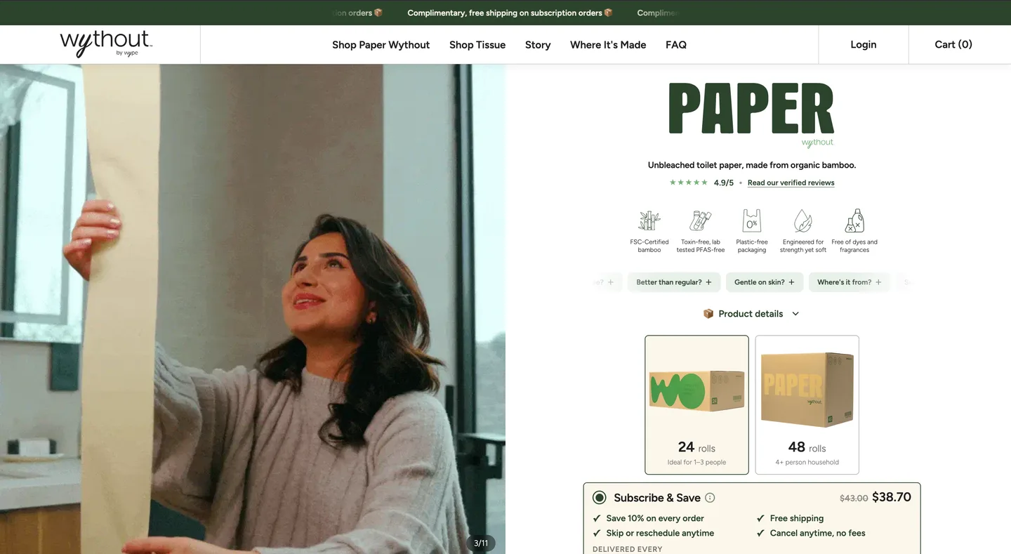 The Wythout product page higher up: a lifestyle photograph of the paper in use, the five material claims, and tappable questions such as &lsquo;Better than regular?&rsquo; and &lsquo;Gentle on skin?&rsquo;, so the answers sit inside the buy path.