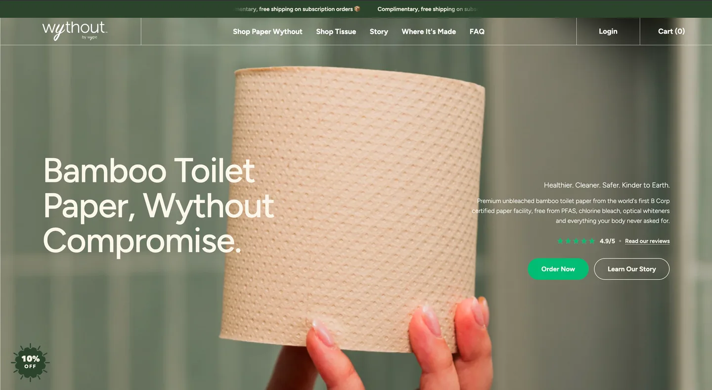 The rebuilt Wythout home page: a full‑bleed photograph of unbleached bamboo toilet paper, the brand header over it, the &lsquo;Wythout Compromise&rsquo; headline, and a green Order Now button, all in the first screen.