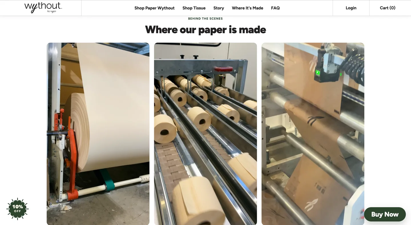 The Wythout &lsquo;Where our paper is made&rsquo; section: behind the scenes footage from the mill floor, opening on the parent reel of unbleached paper on the paper machine.