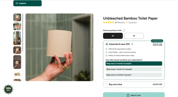 The previous product page: the quantity and subscription options stacked down one long panel below the fold, with add to cart at the very bottom.