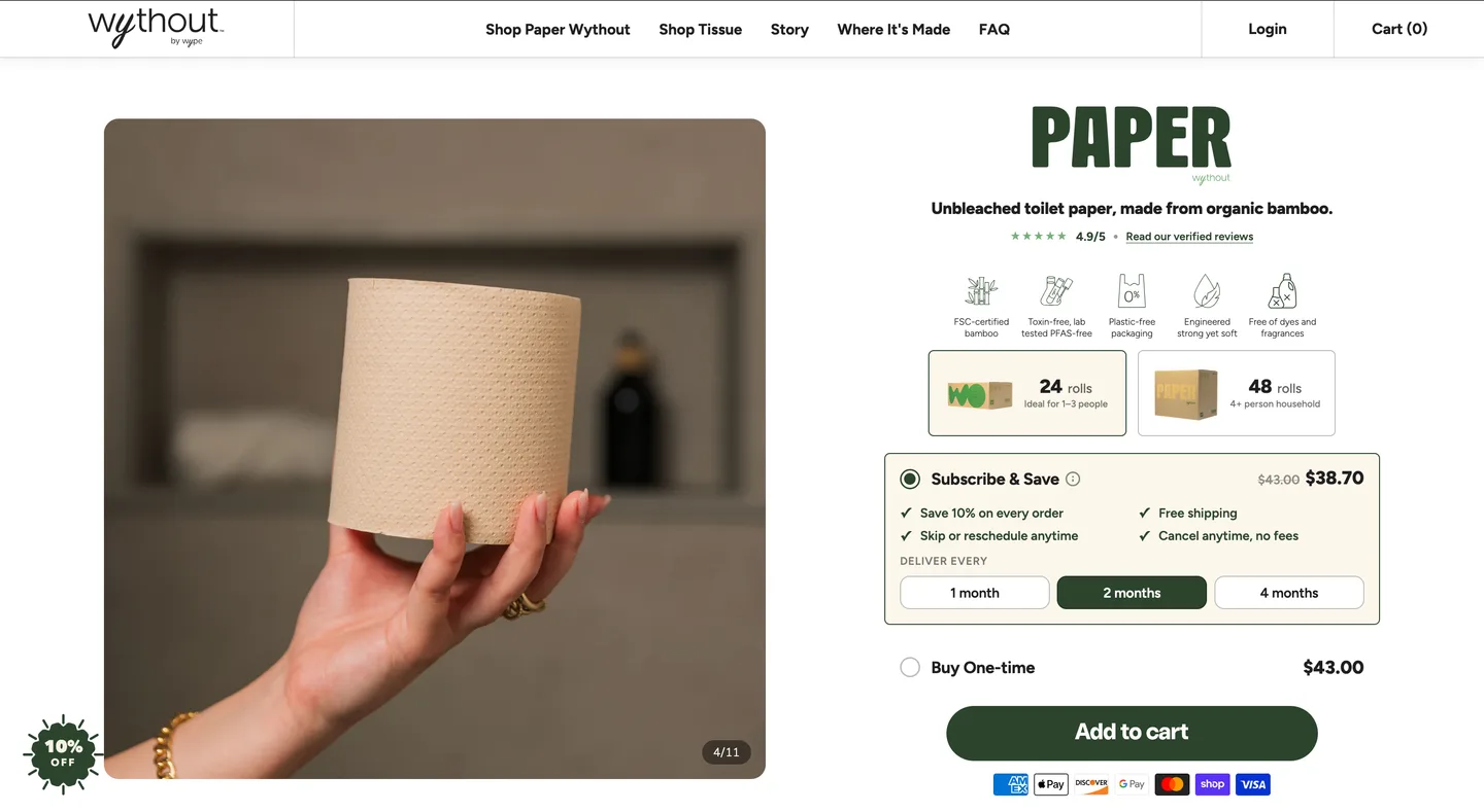 The rebuilt Wythout product page: the product name, the verified 4.9 rating, five material claims, the 24 and 48 roll pack sizes, the subscribe and save price against the one‑time price, and a button to buy it in the same screen.