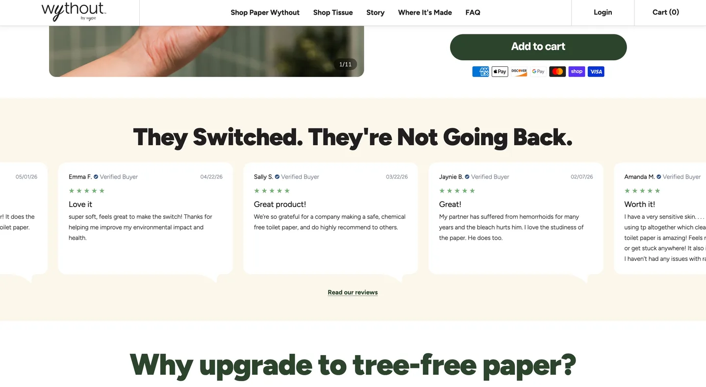 Verified customer reviews set directly under the add to cart button, headlined &lsquo;They Switched. They&rsquo;re Not Going Back.&rsquo;, each one carrying a name, a verified buyer badge, a date, and five stars.