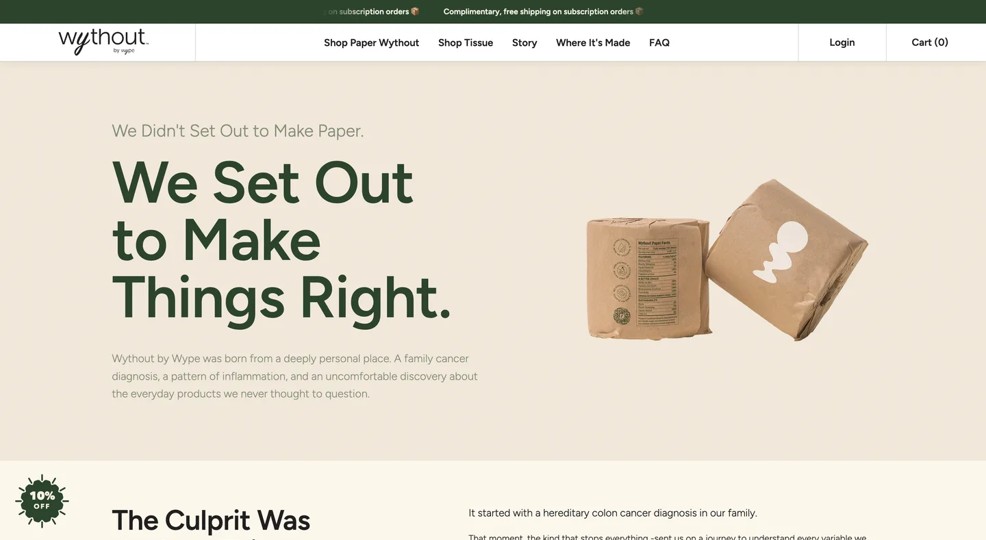 The Wythout story page: the headline &lsquo;We Set Out to Make Things Right&rsquo; over the opening paragraph about a family cancer diagnosis, with a photograph of two paper wrapped packs.